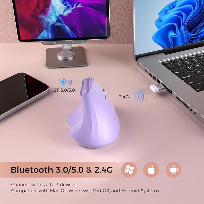 KYSONA 57° Wireless Ergonomic Mouse, Vertical Mouse, Carpal Tunnel Mouse, RGB Light, Rechargeable, Bluetooth & 2.4G, 5-level DPI Adjustment, Quiet Click Ergo Mice Compatible with PC/Laptop/Mac, Purple