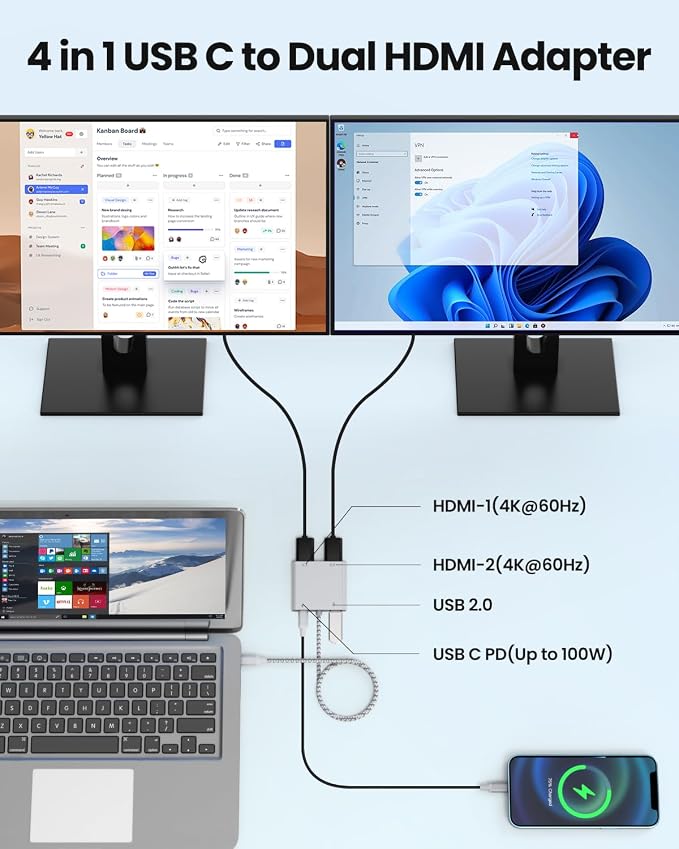 USB C to Dual HDTV Adapter, Silver 19.7in Braided Cable with 4K@60Hz with 100W PD, USB-A, Support C to 2 HD Splitter Extended Display for Type C Devices (MacOS only Mirrors Same Screen)