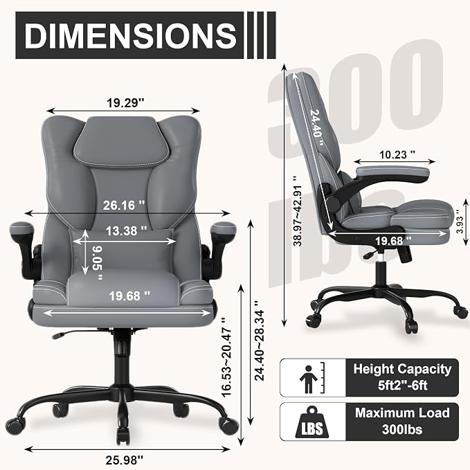 Ergonomic Office Chair with Flip-up Armrests, 300lbs Mid Back Computer Office Desk Chair with Lumbar Support, Executive Leather Chair with Rocking Function Adjustable Height for Home Office