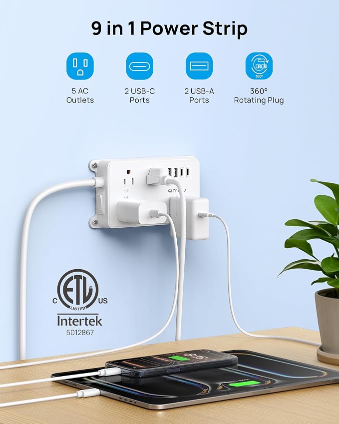 TROND 360° Rotating Power Strip, 5 Widely-Spaced Outlets with 2 USB A and 2 USB C, ETL Listed, 1300J Surge Protector, Wall Mountable, Flat Plug 5ft Extension Cord, for Home Office, Under Desk, White