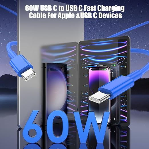 3-Pack Blue [3.3FT+6.6FT+10FT] 60W USB C to USB C Cable, Type C Fast Charging Cable for iPhone Air 17 16e 16 15 Pro Plus Pro Max，for Galaxy S25, for iPad Pro/Air/mini, for MacBook Pro/Air and More
