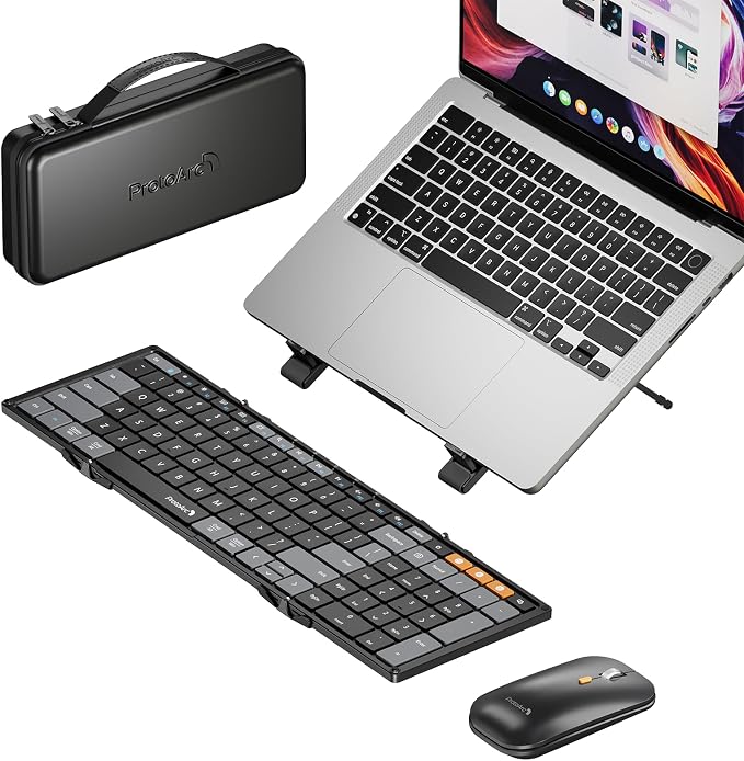 ProtoArc Foldable Keyboard Mouse Combo, XKM01 CaseUp Portable Bluetooth Keyboard and Mouse with Laptop Stand, a Mobile Work Solution for On-the-Go, Compatible with Laptop PC MacBook Windows Mac OS