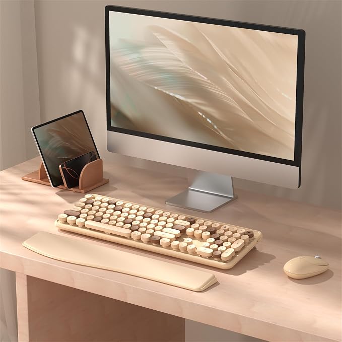 MPTOG Colorful Wireless Computer Keyboard and Mouse Combo with Phone Holder, Wrist Rest, Typewriter Keys, 2.4GHz Wireless, Full-Sized Optical Mouse for PC and Laptop (Milk Tea)