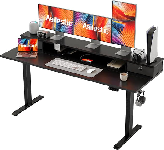 Agilestic 63 x 24 Inches Height Adjustable Electric Standing Desk with 2 Drawers, Stand Up Electric Desk Adjustable Height, Sit Stand Computer Gaming Table with Splice Board, Black
