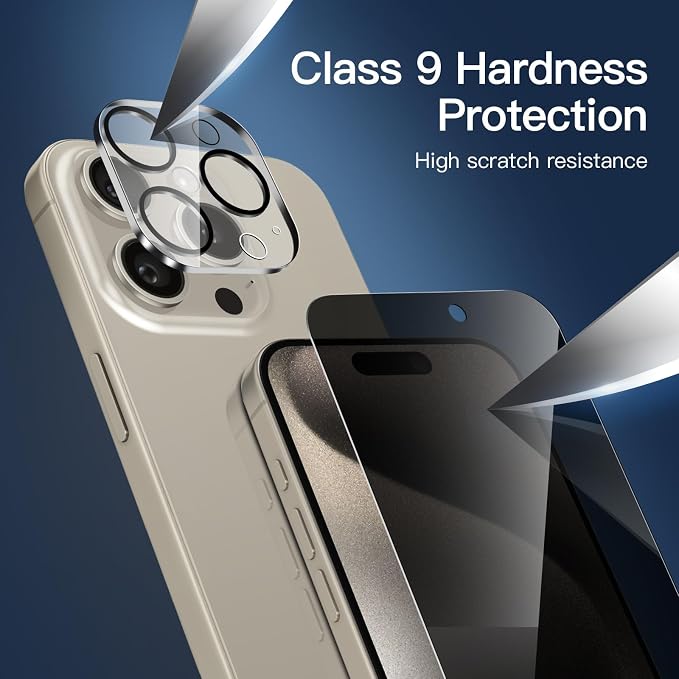 NEW'C 3x Privacy for iPhone 15 Pro Screen Protector (6.1 inches)+ 3x Camera Lens Protector, Sensor Protection, Case Friendly Tempered Glass Film + Dust Plug - Easy installation tool included
