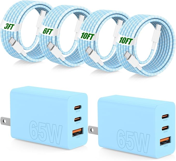 65W Super Fast Charger Type C for Samsung,3 Port 100W Quick Charging 3.0 USB C Block & 3/6/10/10FT Braided Type C Cord for Samsung Galaxy S26 Ultra/S26/S25 Ultra/iPhone 17 Pro/MacBook Pro/Air-Blue
