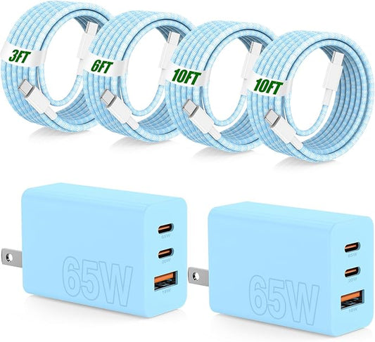 65W Super Fast Charger Type C for Samsung,3 Port 100W Quick Charging 3.0 USB C Block & 3/6/10/10FT Braided Type C Cord for Samsung Galaxy S26 Ultra/S26/S25 Ultra/iPhone 17 Pro/MacBook Pro/Air-Blue