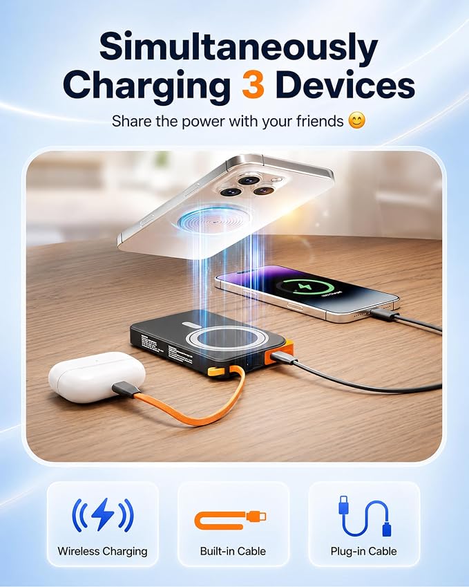 3-in-1 Magnetic Portable Charger with Stand, for Magsafe Power Bank Fast Charging, 10000mAh Wireless Battery Pack with Built in USB C Cable, Powerbank for iPhone17/16/15/14/13/12 Travel & Daily Use