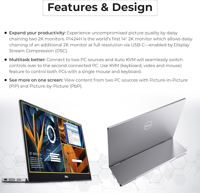 Dell P1424H 14-Inch Portable Monitor for FHD LED with Dual-Screen Productivity, in-Plane Switching, USB-C Connectivity, Low Blue Light, and Display Manager Software