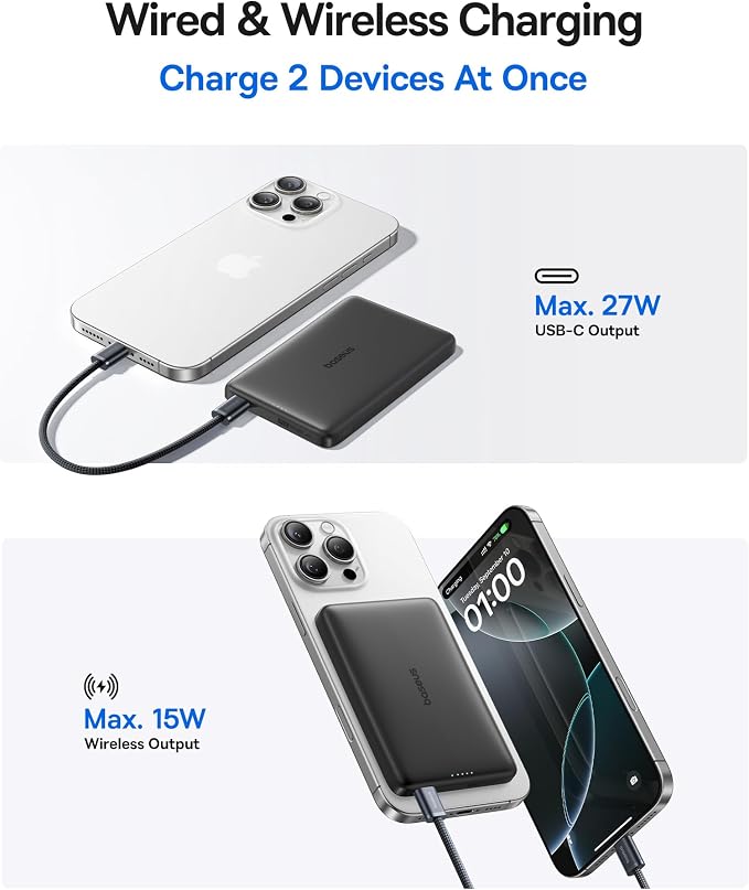 Baseus Picogo Magsafe Portable Charger, Qi2 15W 0.5" Ultra Slim 10000mAh Wireless Power Bank, 27W Fast Charging Magnetic Battery Pack with USB-C for iPhone 17 Pro Max/17 Pro/Air/16/15/14/13/12