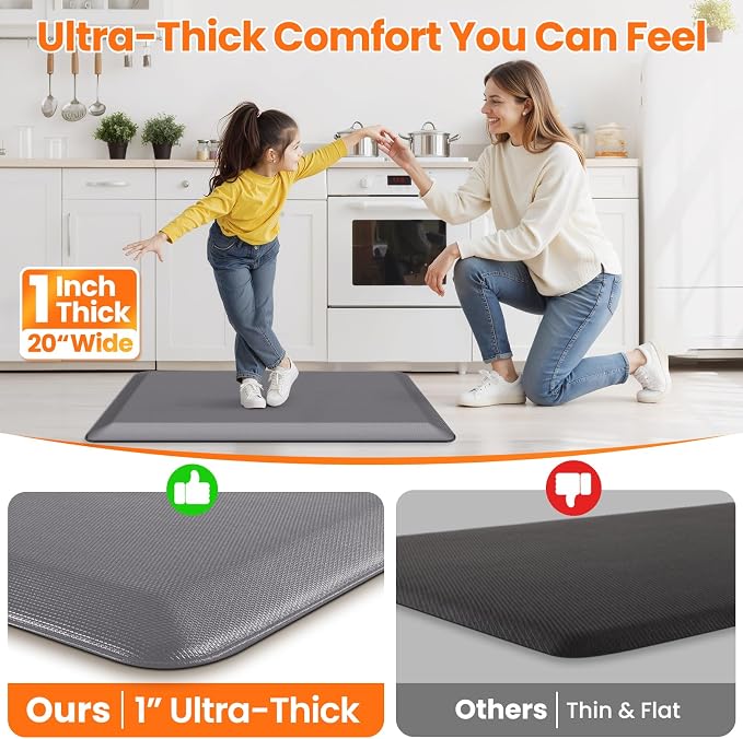 Kitchen Mats for Floor, 1 Inch Extra-Thick Kitchen Rugs, Non-Slip & Waterproof Standing Desk Mat, Comfort Anti Fatigue Mats for Kitchen Floor, Home, Sink, Office (20" X 32", Grey)
