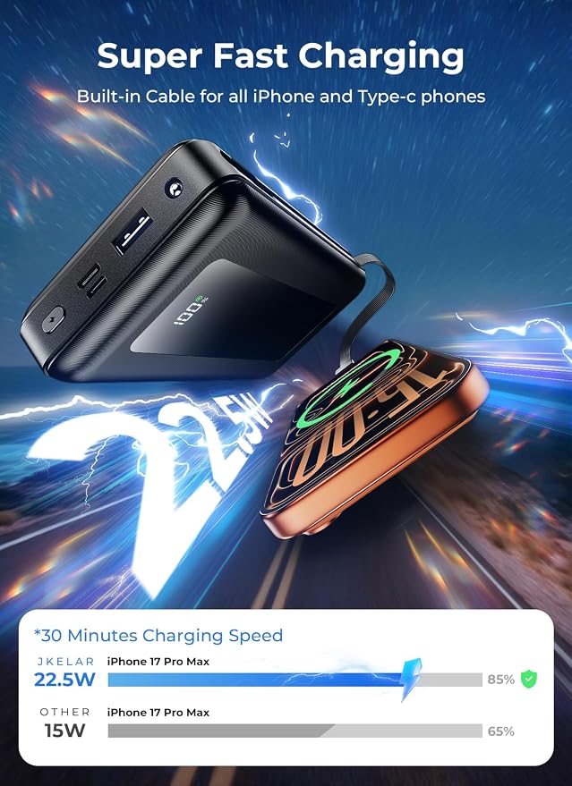 Portable Charger Power Bank 50000mAh, 22.5W PD Fast Charging Battery Pack with Built-in USB-C/iOS Cables, Flashlight, Camping Travel Essential for iPhone 17/16/15, MacBook, Samsung - Ebony
