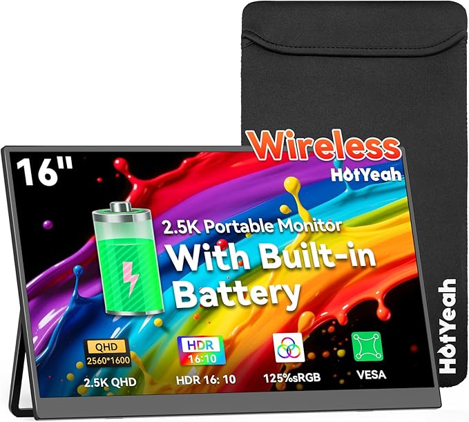 16" 2.5K Wireless Portable Monitor Battery-Powered, Support AirPlay Miracast, 2560×1600P IPS USB-C HDMI External Monitor, 2nd Screen for Laptop MacBook PC Phone Tablet, w/Built-in Battery(4- 5H)