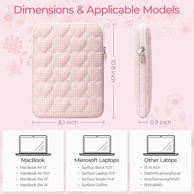 11-12 inch Cotton Quilted Laptop Sleeve for Women, Aesthetic Puffy Laptop Case Carrying Bag Compatible with MacBook Air 11.6“/iPad, Soft Computer Liner Bag (Pink Gingham, 11.6 inch)
