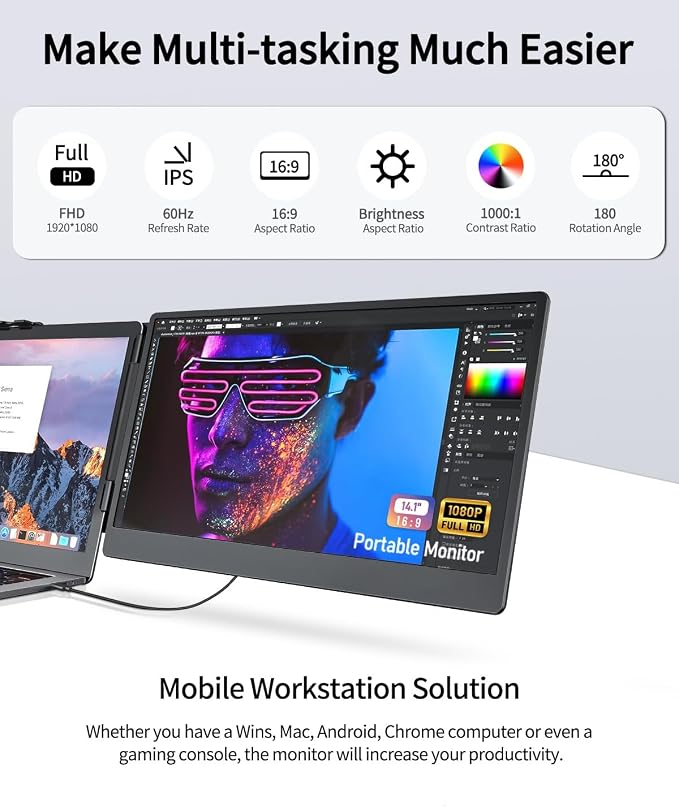 Macsecor 14.1'' Laptop Screen Extender, 1080P FHD IPS Portable Dual Monitor for Laptop, USB C HDMI Plug-Play Monitor Extender for Triple Display for MacOS/Windows, Fits 13-17.3" Laptops