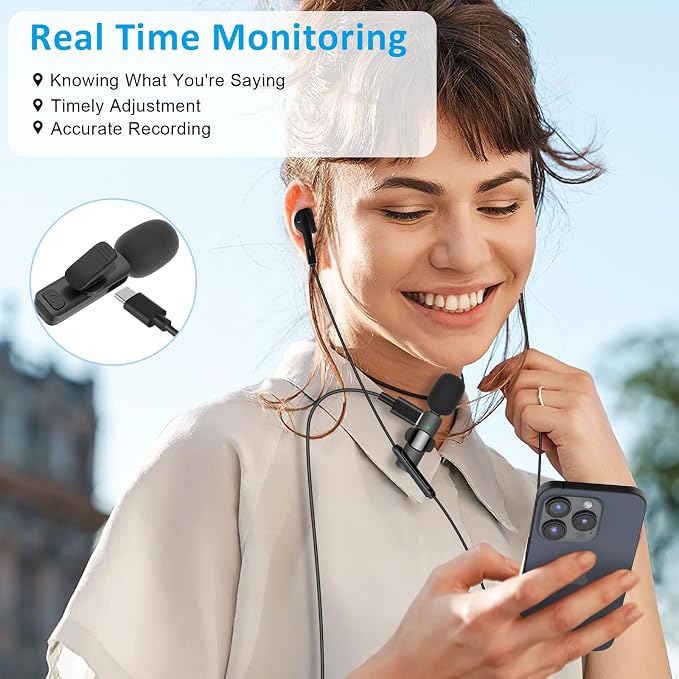 MAYBESTA Wireless Lavalier Lapel Microphone for iPhone Android - Bluetooth Mini Phone Microphones for Video Recording - 2 Clip on Mics with USB C Interface for Tiktok YouTube Vlog(Dark Black)