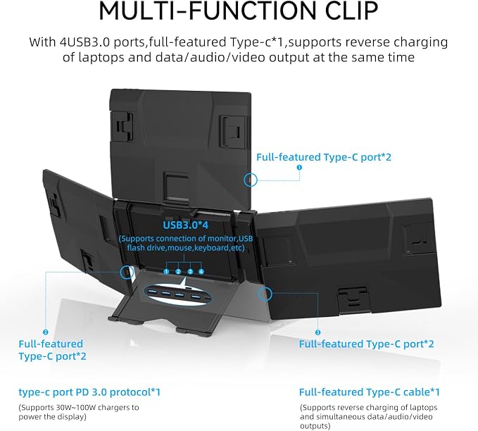 ADREAMER 13.3" Triple Screen Laptop Monitor Extender, Detachable 3 Screen Monitor for Laptop 13"-16", 1920x1200 IPS 16:10, 1 Cable for 3 Displays, Compatible with Wins/Mac.