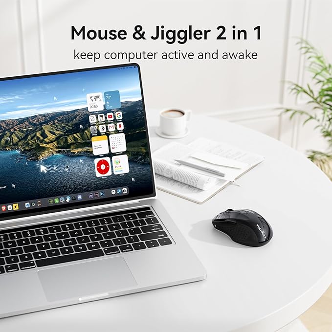 TECKNET Rechargeable Jiggler Wireless Mouse (BT5.0/3.0 & 2.4G) 4800 DPI Silent USB A & Bluetooth Mouse 6 Buttons, Wide Compatibility - Black