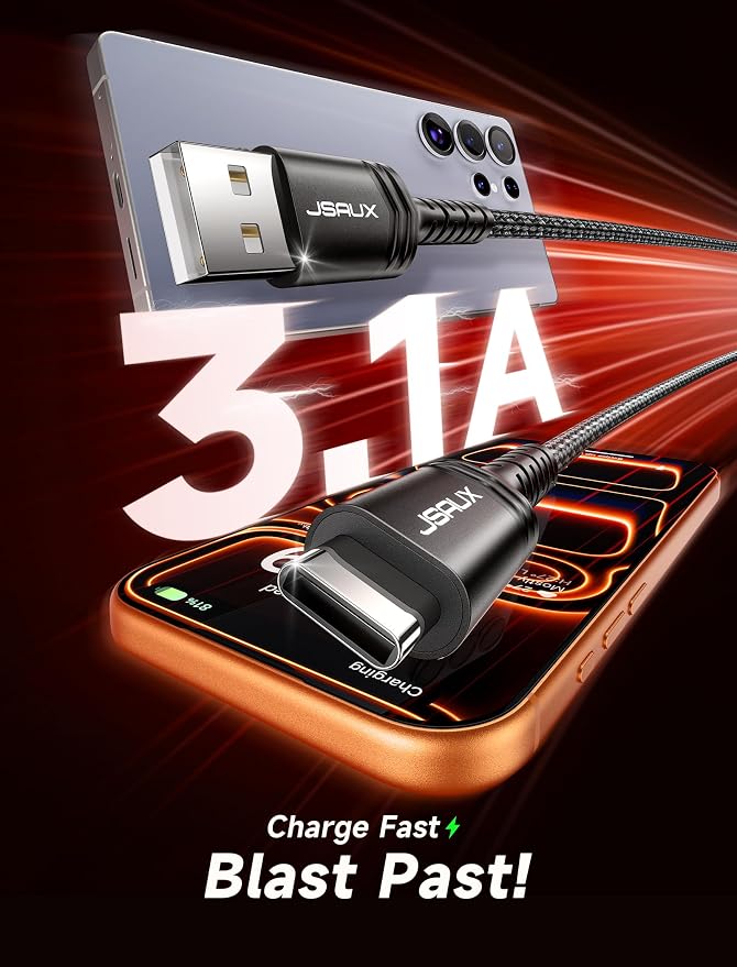 JSAUX USB C Cable [2-Pack 10ft], USB A to USB Cord Fast Charging for iPhone Air, iPhone 17, iPhone 17 Pro, iPhone 17 Pro Max, iPhone 16/iPhone 15 Series, Samsung S20 S10, Note 20 10, Car Play-Black