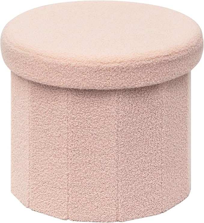 B FSOBEIIALEO Storage Ottoman Cube, Round Ottomans with Storage Foot Stool Footrest for Lving Room, Boucle Ottoman Seat for Dorm Room,Faux Teddy Fur, Pink 15"x15"x13.19"