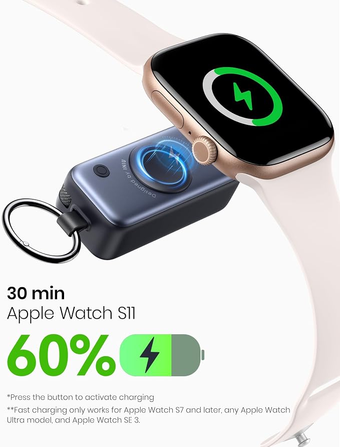 INIU SnapGo Portable Charger, Mini Power Bank for Apple Watch & Phone, 5000mAh 20W Fast Charging Battery Pack with Built-in USB C Cable, Flight-Safe Keychain, for Apple Watch iPhone 17 16 Samsung etc