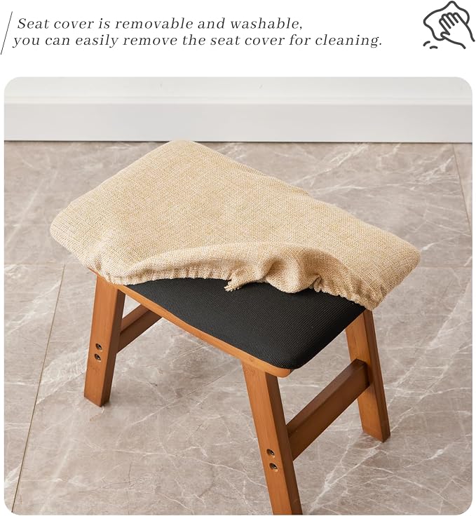 Kitsanery Foot Stool,Ottoman,Bamboo Small Sofa Foot Rest Under Desk,Extra Seating for Living Room, Bedroom and Kitchen(Brown Stool Legs - Beige Surface)