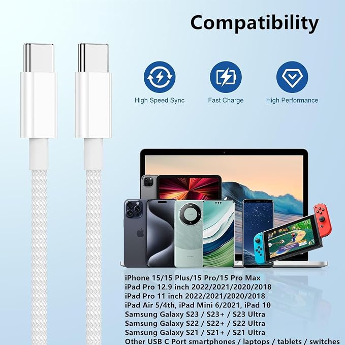 USB C to C Charger Cable 6ft, 60W Type C to C Fast Charging Cable Cord Long for Apple iPhone 17 Pro Max/17 Air/16 Pro Max/16 Pro/15 Plus/15 Pro Max/MacBook 2021/2020/2019,iPad Pro/Mini/Samsung Galaxy