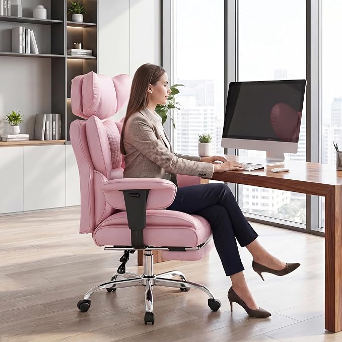 DUMOS Big and Tall Home Office Desk Chair, Gaming Computer Chair, Executive Ergonomic Chair with Footrest, High Back Reclining, Adjustable Armrests and Comfy Lumbar Support, PU Leather, Pink