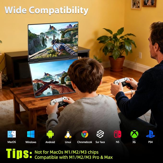 Dual Portable Monitors, 16"/1200P/FHD Foldable Laptop Screen Extender, All-Metal, Ultra Slim, Plug & Play, Extend/Mirror/Splicing/Flip Mode, USB-C/HDMI, Low Blue Light, Speakers, for Win/Mac