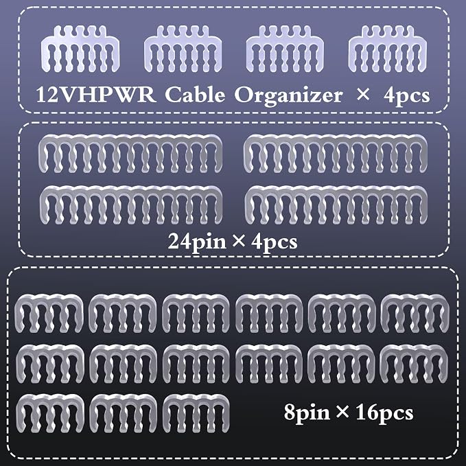 Sirlyr PC Cable Comb,PSU Cables Combs kit for Extension Cable Management 24 PCS Set 12vhpwr Cable x 4,24 pin x 4,8 pin x 16,3 mm/0.11In up to 3.5 mm/0.13 in Wire Gauge Transparent