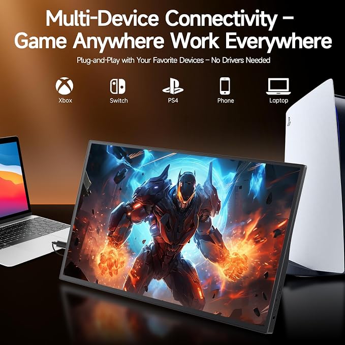 15.6" Portable Monitor 1080P FHD IPS, 250 Nits Brightness, Adjustable Kickstand with VESA Mount, USB-C HDMI, Dual Speakers, Ultra-Slim Travel Laptop Second Screen for Phone PC PS5 Switch