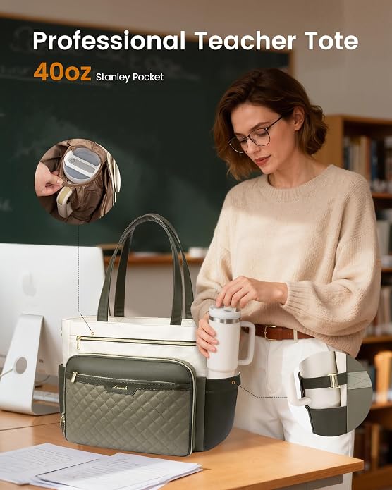 LOVEVOOK Teacher Tote Bag with Accordion File Pocket, Soft PU Leather Work Briefcase Quilted Laptop Bag with Large Cup Holder