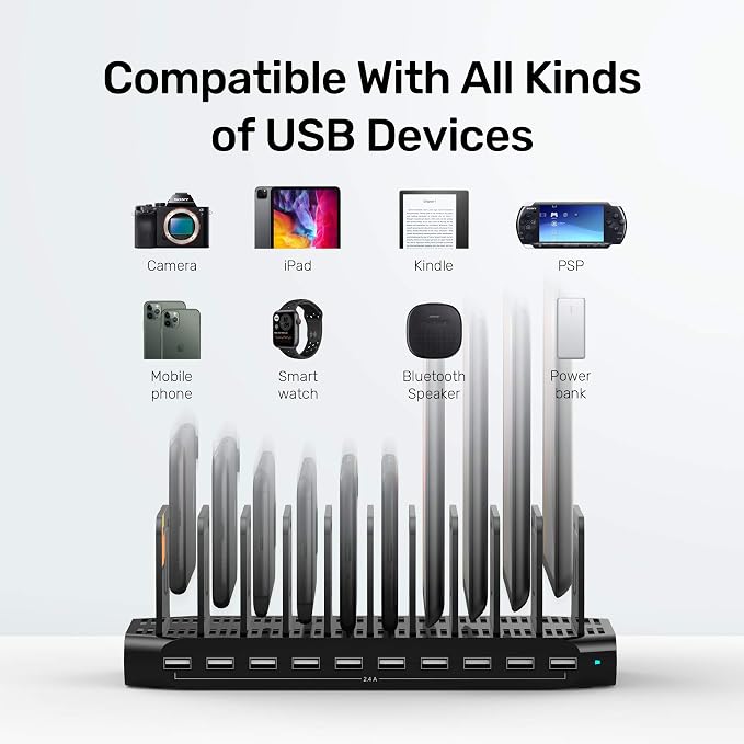 Unitek USB Charging Station, 10 USB Fast Ports Charge Docking Station and Adjustable Dividers, Multi Device Charger Organizer Compatible with iPad, iPhone, Tablet and Cell Phone