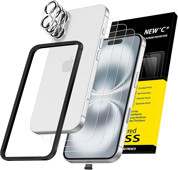 NEW'C 3x for iPhone 16 Plus Screen Protector (6.7 inches)+ 3x Camera Lens Protector, Sensor Protection, Case Friendly Tempered Glass Film + Dust Plug- Easy installation tool include
