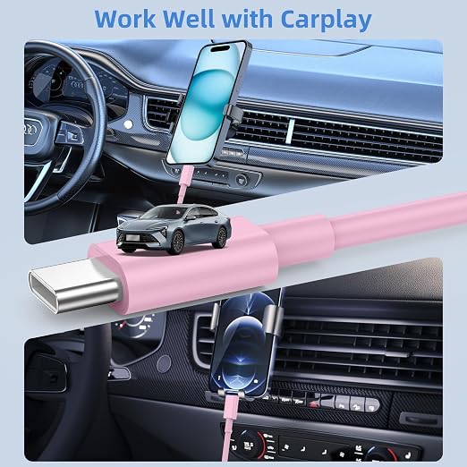2Pack 6FT USB to USB C Cable for iPhone 17 16 15 Charger Cord, for Apple 17 16 15 Pro/Pro Max/Plus Type C Cord, for iPad Pro 12.9/11, Air 5th/4th Gen, Car Carplay Charging Cable for Android(Pink)