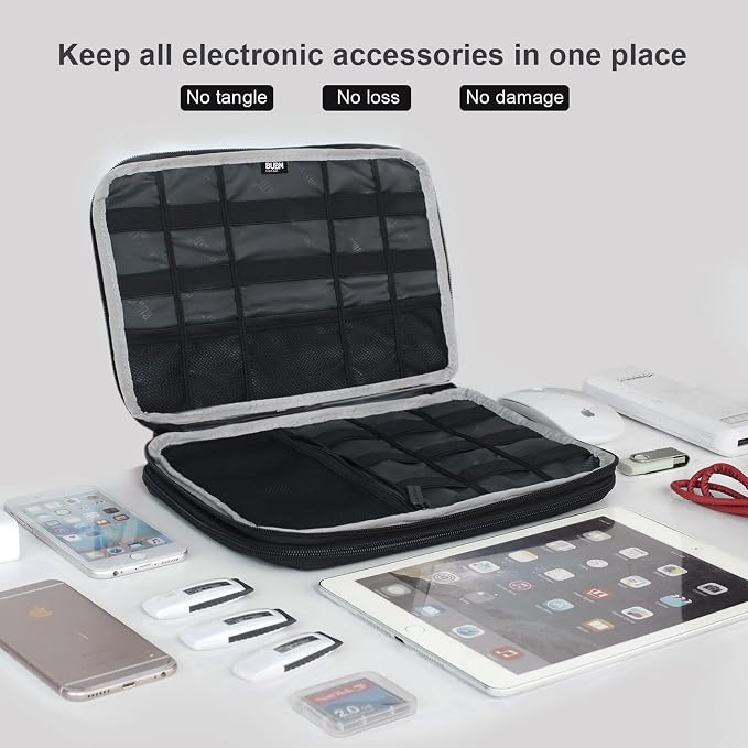 BUBM Double Layer Electronics Organizer, Travel Gadget Bag for Cables, Memory Cards, Flash Hard Drive and More, Fit for iPad or Tablet(up To 9.7")--Large, Dark Blue