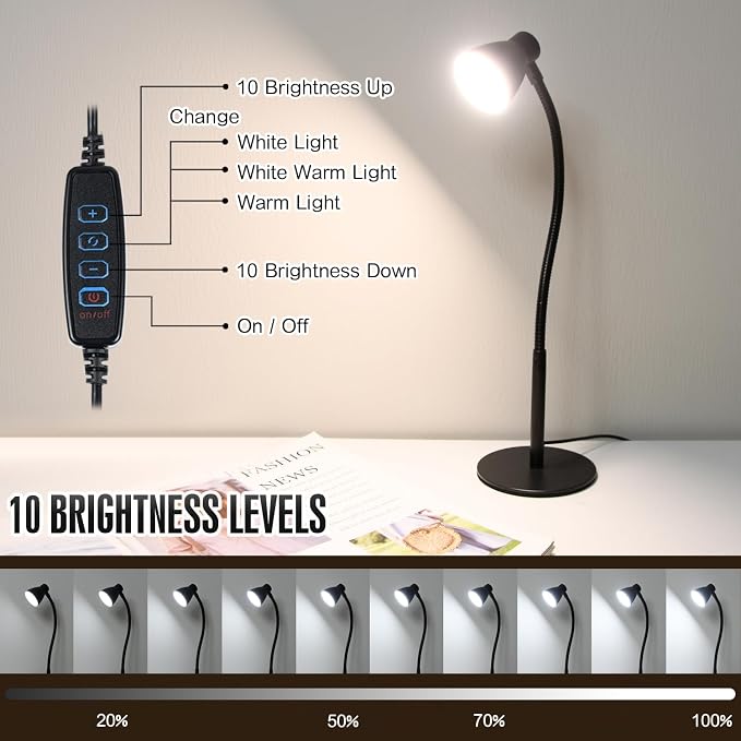 LED Desk Lamp for Home Office, CRI 90+ Eye-Caring Reading Light, Small Desk Light with Flexible Goose Neck, Perfect for Study Desk (Adapter Included)