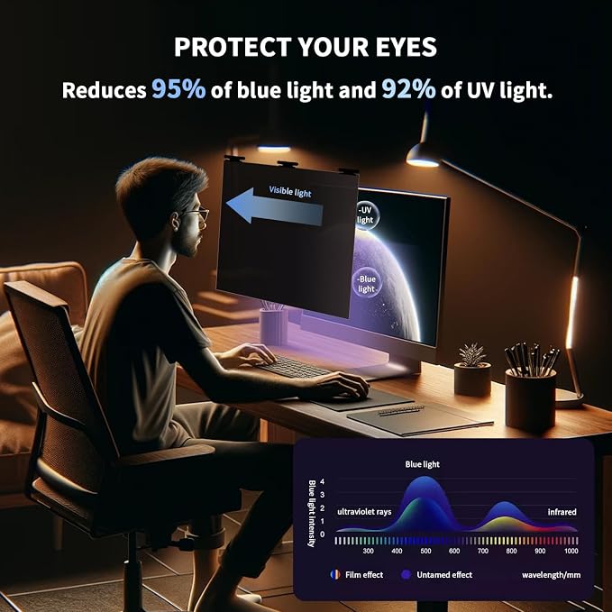 [2 Pack 27 Inch Magnetic Hanging Computer Privacy Screen for 16:9 Widescreen Monitor, Eye Protection Anti Glare Blue Light Filter, Removable Reusable 27in Anti Spy Security Protector Film