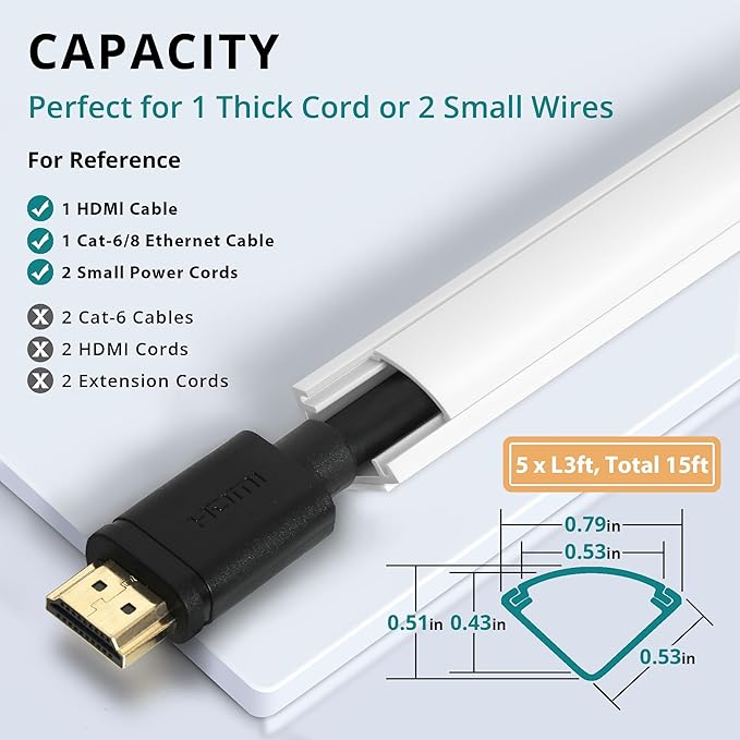 ZhiYo Mini Corner Cord Hider for One Cord, 180in Corner Cable Concealer, Wire Covers for Cords, Paintable Cord Cover, Cable Management Channel Raceway for Wall, Floor Baseboard, Ceiling, White 5xL36in