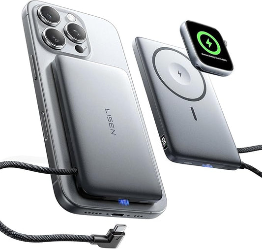 LISEN 0.5'' Ultra Slim MagSafe Power Bank for iPhone and Apple Watch,10000mAh MagSafe Battery Pack,Alloy Magnetic Portable Charger for iPhone 16 Pro Max Plus/15, Apple Watch S11 /S10 S9 SE，Grey