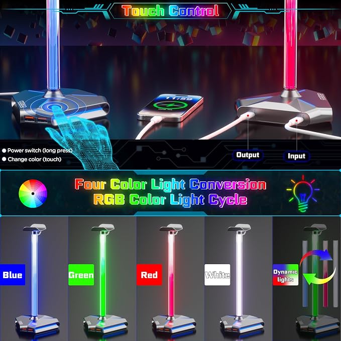RGB Headphone Stand with 2 USB Ports & Extension Cord, Gaming Headset Holder for Desktop, PC Gaming Accessories, Gifts for Teen Boys, Men, Boyfriend, Gaming Setup Organizer