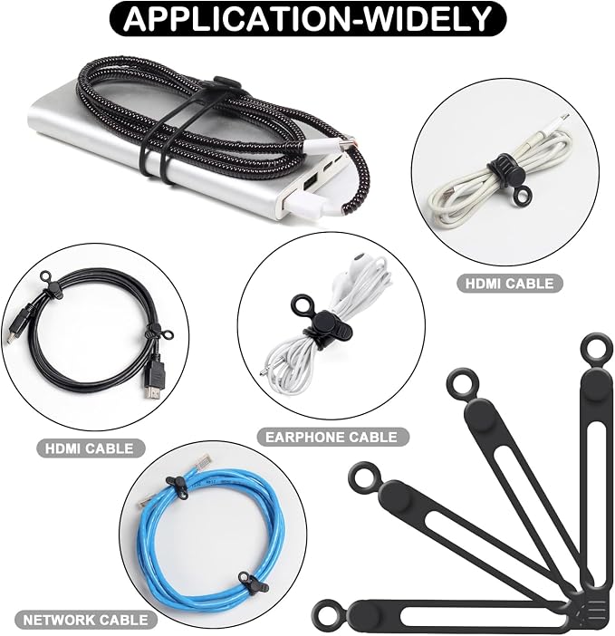 48Pcs Cord Organizer Kit, Reusable Elastic Silicone Cable Ties, Strong Adhesive Cable Clips for Cable Management, Multipurpose Wire Management for Bundling and Fastening Various Wires (Black）