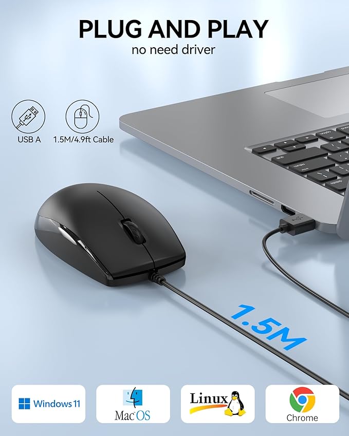 TECKNET USB-A Wired Mouse for Laptop Computer with 2-Button,Home and Office 5FT Corded Mouse, 1600DPI Ergo-Optic Shape PC Mouse Wired for Chromebook,PC,Desktop,Notebook-Black