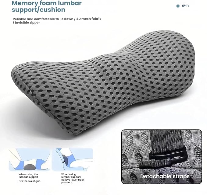 Memory Foam Lumbar Support Pillow with Detachable Adjustable Straps, Lower Back Cushion for Pain Relief, Breathable Washable Cover, for Office Chair Car Seat Recliner Bed