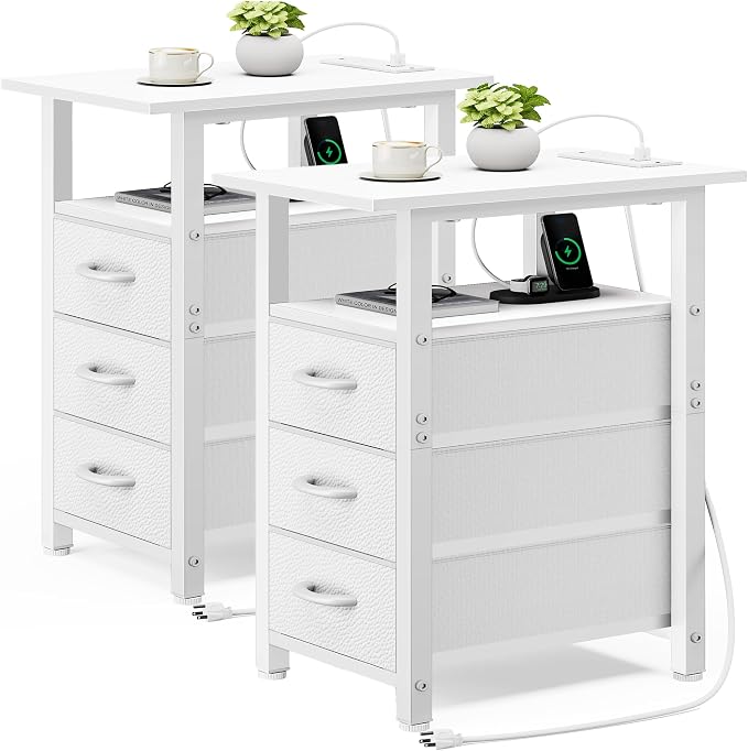 Vagusicc Set of 2 White Night Stand with Charging Station, Narrow Nightstand with U-S-B Ports and Outlets, Small Night Stand 3 Fabric Storage Drawers, Small Bedside Table