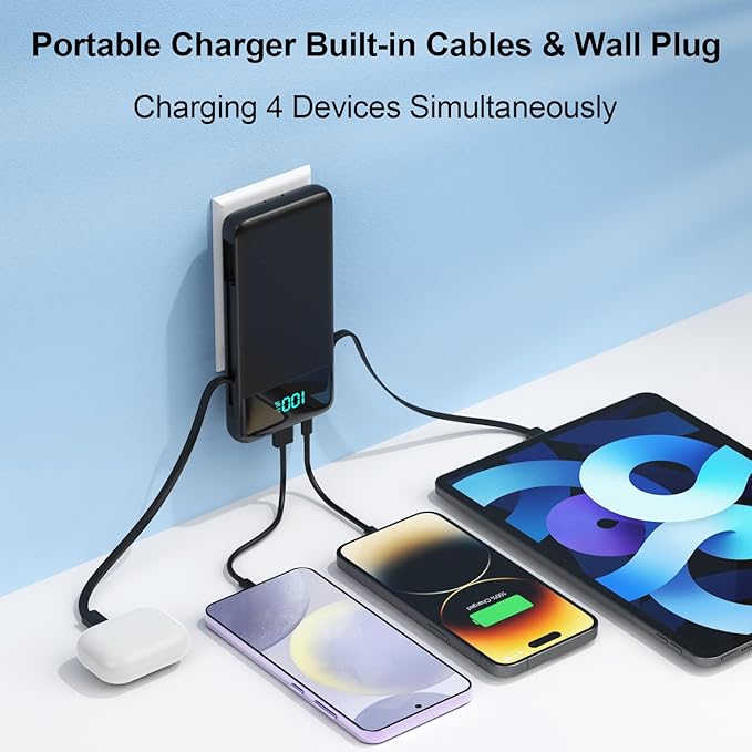 Portable Charger for iPhone,13800mAh Slim Power Bank with Built-in Cables & AC Wall Plug,All in One 4 Outputs USB C Fast Charging Battery Pack Powerbank for iPhone 17/16/15/14,Android,Travel Essential