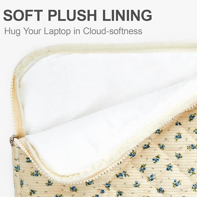 Puffy Laptop Sleeve 13-15.6 Inch Corduroy Quilted Laptop Protective Case Cute Floral Computer Sleeve Protective for MacBook