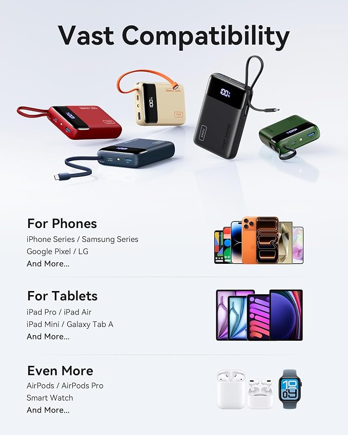 INIU 20000mAh Power Bank, Small 45W PD Fast Charging Portable Charger with Built-in USB C Cable, Flight-Safe Travel External Phone Battery Pack for iPhone 17 Pro Max Samsung S26 iPad etc, Red