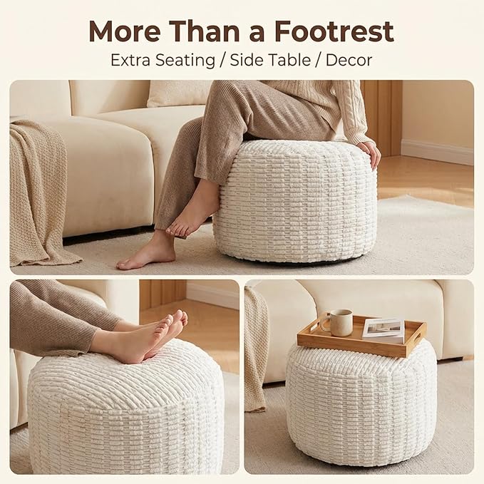 Round Pouf Ottoman Stuffed Corduroy Poufs Foot Rest with Foam Filling Fluffy Pouf Storage Ottoman Relax Stool for Living Room Couch 20 X 15 Inches, Cream