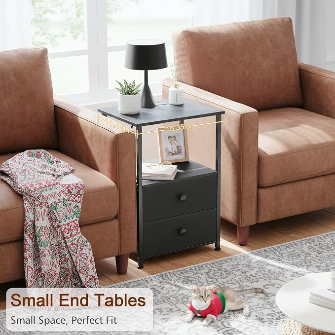 LOAKEKEL Night Stand Set 2, Black Nightstand with Charging Station, End Tables with Storage Shelf for Small Spaces, Bedside Table Side Tables with 2 Fabric Drawers for Bedroom, HETS020BK